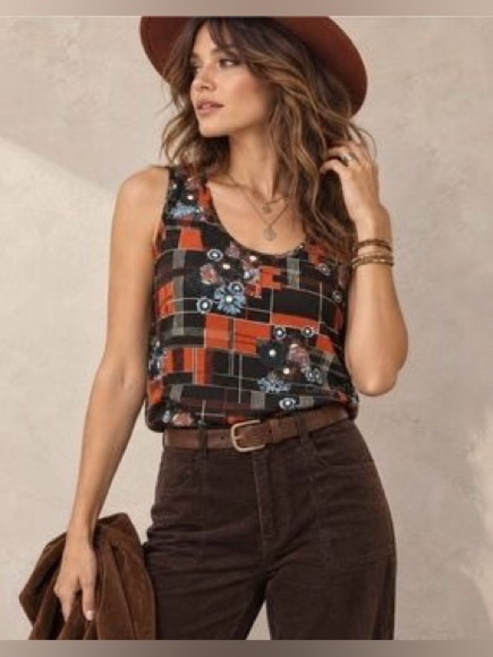 ModCloth Geometric Plaid Retro Floral Tank Top Small